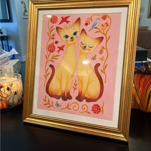 8x10 Framed Kitschy style cat print whimsical folk art in Gold frame